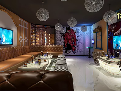 Luxury KTV Lounge Interior With Leather Sofas Chandeliers Mural Art And TV Screens 3d model