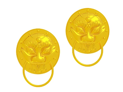 Traditional Chinese Golden Door Knocker With Carved Pattern And Double Happiness 3d model