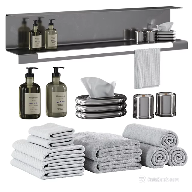 Organized Daily Washing Essentials With Hand Soap Dispensers Towel Sets And Tissue Box 3d model 