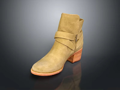 Beige Leather Ankle Boots With Strap Design And Wooden Block Heel For Daily Wear 3d model