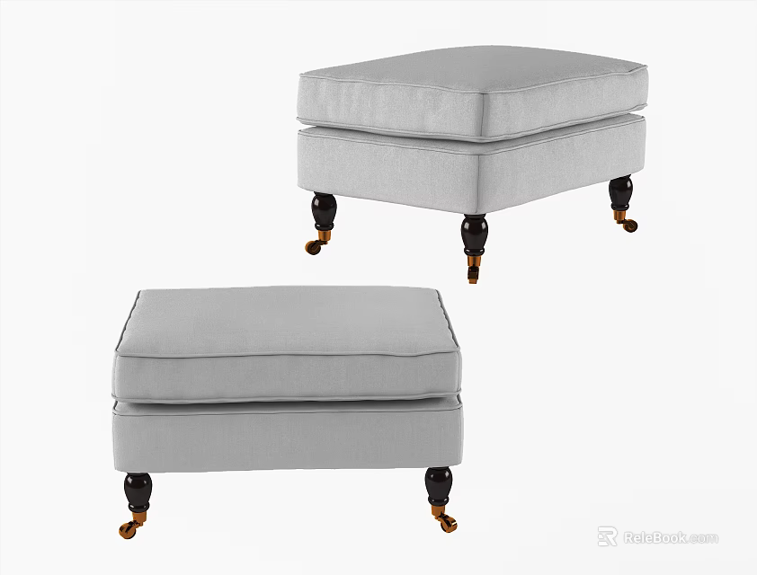 Two Gray Upholstered Ottomans With Wooden Legs And Decorative Feet 3d model 