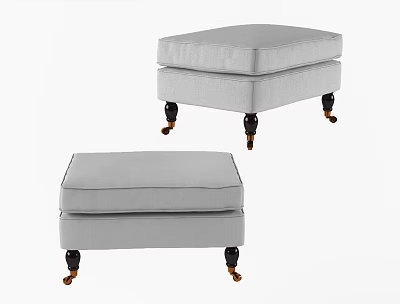 Two Gray Upholstered Ottomans With Wooden Legs And Decorative Feet 3d model