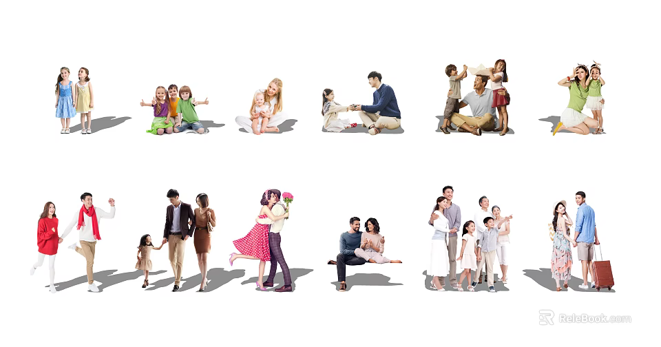 Group of People in Various Poses Including Families and Friends Interacting Together 3d model 