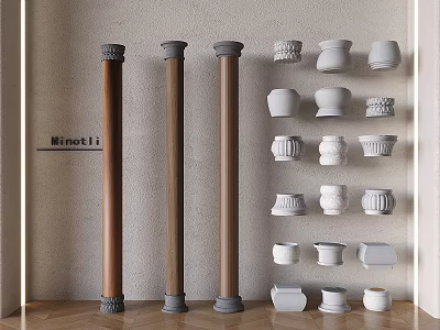 Minetti Decorative Columns with Wooden Bodies Stone Bases and White Architectural Capitals 3d model