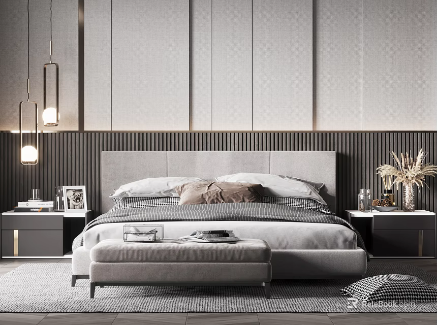 Modern Double Bed Interior With Neutral Headboard Nightstands And Pendant Lights 3d model 