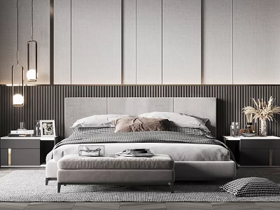 Modern Double Bed Interior With Neutral Headboard Nightstands And Pendant Lights 3d model