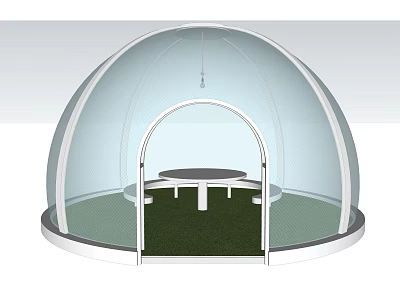 Transparent Dome Interior Design With Arched Entrance Round Table And Green Flooring 3d model