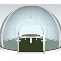 Transparent Dome Interior Design With Arched Entrance Round Table And Green Flooring
