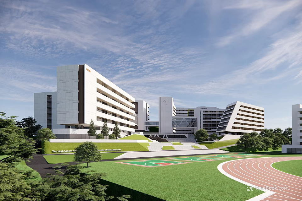 Modern School Building With White Exterior Green Lawn Track Field And Trees 3d model 