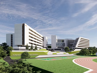 Modern School Building With White Exterior Green Lawn Track Field And Trees 3d model