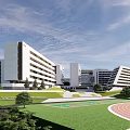 Modern School Building With White Exterior Green Lawn Track Field And Trees