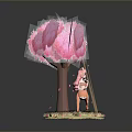 Game Movie Character Sitting On Swing Under Pink Blossom Tree With Green Grass