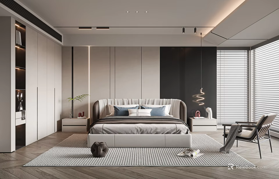 Modern Minimalist Bedroom Interior Design With King Bed Wardrobe Pendant Light And Blinds 3d model 