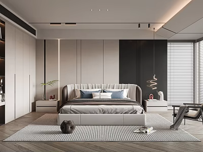Modern Minimalist Bedroom Interior Design With King Bed Wardrobe Pendant Light And Blinds 3d model