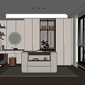 Modern Walk in Closet Interior With Cabinets Open Shelves Round Mirror And Area Rug