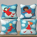 Cartoon Girls In Red Dresses On Blue Background With White Clouds Decorative Pillows