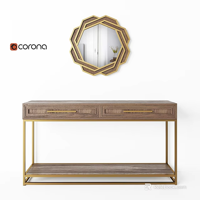 Elegant Modern Dining Table With Wooden Surface Gold Legs And Decorative Mirror 3d model 