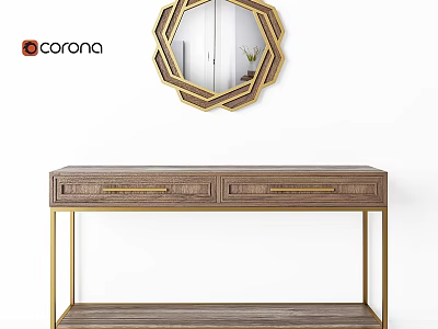 Elegant Modern Dining Table With Wooden Surface Gold Legs And Decorative Mirror 3d model