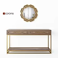 Elegant Modern Dining Table With Wooden Surface Gold Legs And Decorative Mirror