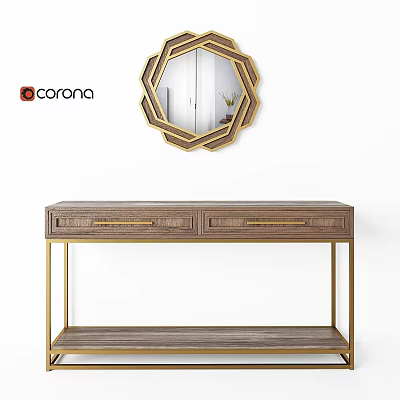 Elegant Modern Dining Table With Wooden Surface Gold Legs And Decorative Mirror 3d model