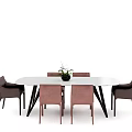 Modern Dining Table Set With White Table Brown Chairs And Potted Plant Decor 3d model