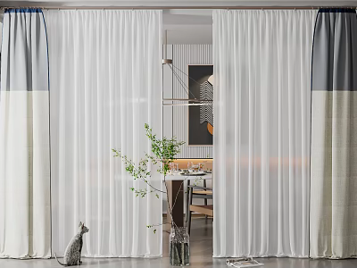 Modern Living Room Interior With White Sheer Curtains And Gray Beige Panel Design 3d model