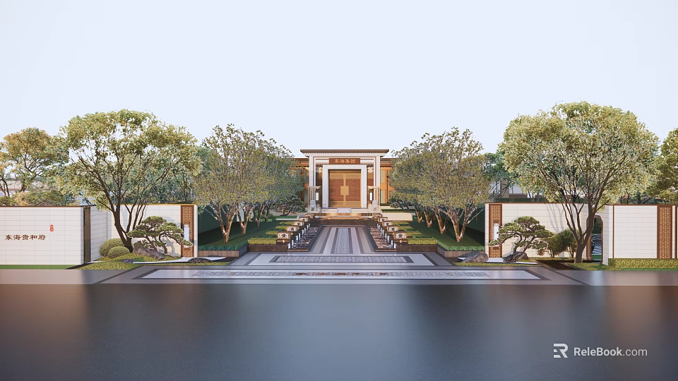 Modern Chinese Style Landscape Wall in Courtyard with Trees Water Pool and Entrance Gate 3d model 