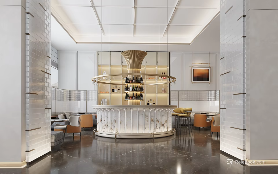Elegant Modern Bar Counter With Marble Top Hanging Lights And Chairs 3d model 