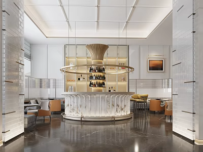 Elegant Modern Bar Counter With Marble Top Hanging Lights And Chairs 3d model