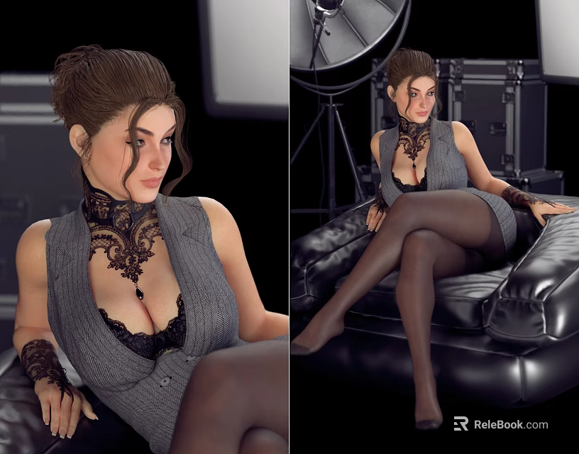 Woman in Gray Vest With Black Lace Lingerie Sitting on Black Leather Sofa in Studio 3d model 