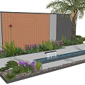 Garden Feature Wall With Brown Lattice Design Purple Flowers Greenery Small Fountain And Palm Tree