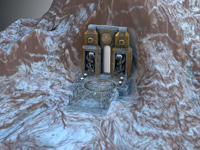Mountain Landscape With Ancient Stone Gate Golden Decorations Statues And Circular Platform Steps 3d model