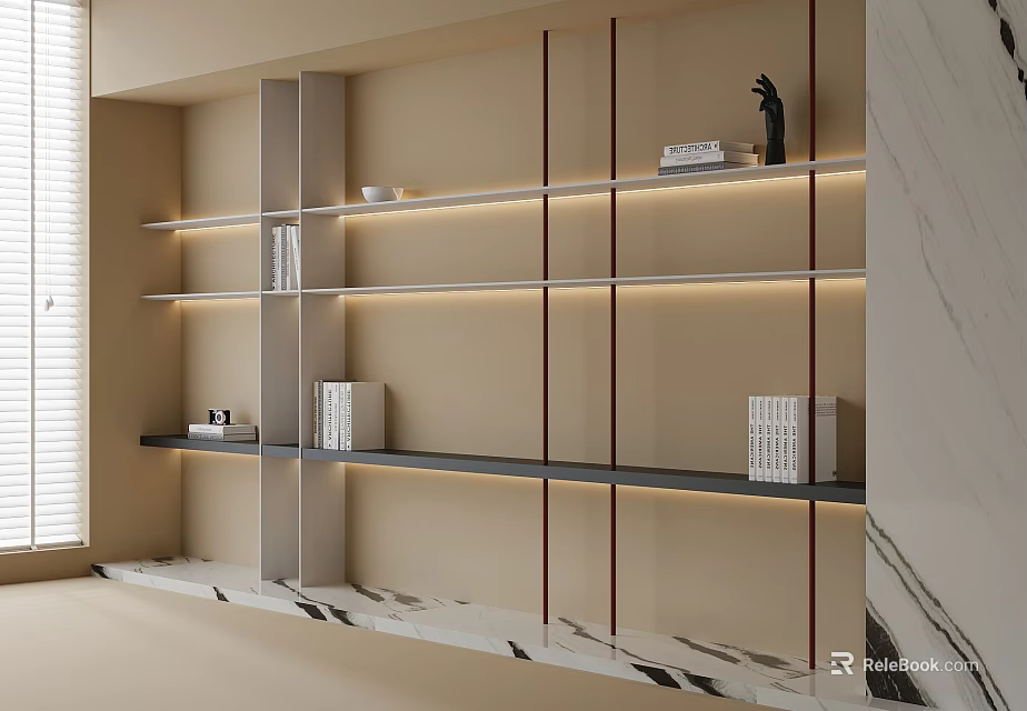 Modern Bookshelf Design With Open Shelves LED Lighting And Marble Accents 3d model 