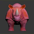 Pink Rhinoceros Sculpture with Red Accents Standing on Dark Background and Reflection