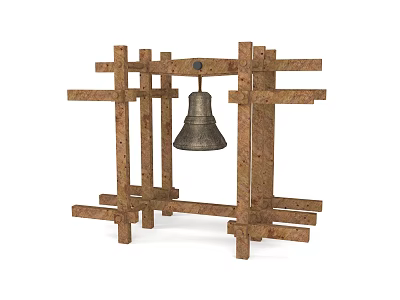 Decorative Bronze Bell Hanging From Crossed Wooden Frame Structure 3d model