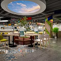 Vibrant Restaurant Interior With Colorful Ceiling Signs Yellow Chairs And Patterned Floor
