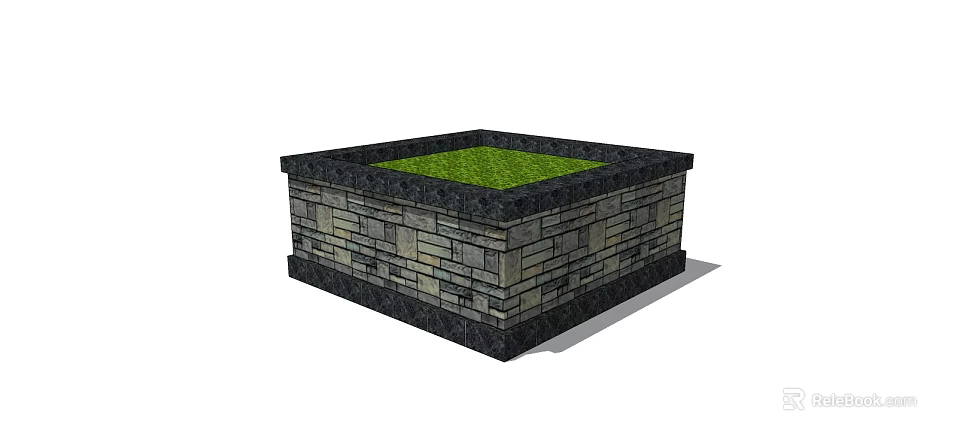 Square Tree Planter with Stone Wall Construction and Green Grass Top 3d model