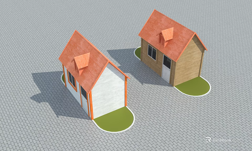 Wooden Houses with Red Roofs White and Brown Walls Green Grass and Gray Brick Ground 3d model 