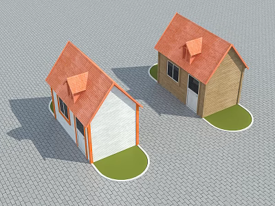 Wooden Houses with Red Roofs White and Brown Walls Green Grass and Gray Brick Ground 3d model