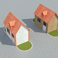 Wooden Houses with Red Roofs White and Brown Walls Green Grass and Gray Brick Ground