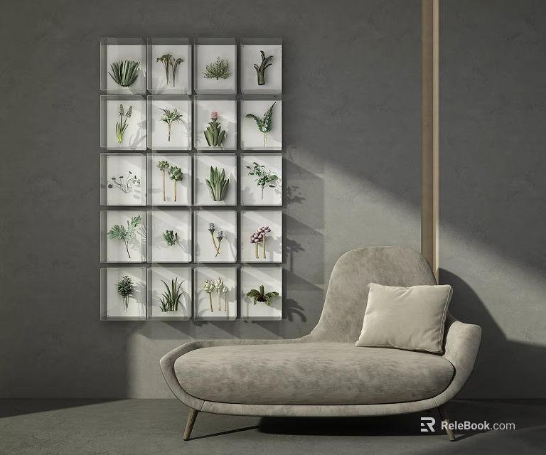 Modern Interior Wall Decor With Framed Green Plant Specimens And Gray Sofa 3d model 