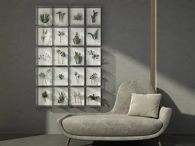 Modern Interior Wall Decor With Framed Green Plant Specimens And Gray Sofa 3d model