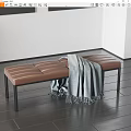 Brown Leather Stitched Bench With Gray Blanket And Black Metal Legs In Modern Interior