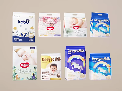 Various Baby Diapers With Brand Packaging Cute Infant And Rainbow Unicorn Prints 3d model