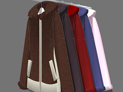 Multiple Colored Hooded Jackets with Zipper and Pockets Hanging in Line 3d model