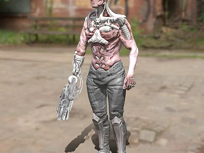 Biomechanical Cyborg With Mechanical Biological Features Holding Weapon In Ruined Urban Setting 3d model