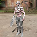 Biomechanical Cyborg With Mechanical Biological Features Holding Weapon In Ruined Urban Setting