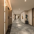 Elegant Hotel Corridor Interior With Wooden Doors Gray Carpet And Ceiling Lights