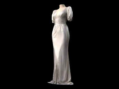 Elegant White Formal Dress With V Neck Puffed Sleeves Fitted Waist And Satin Fabric 3d model