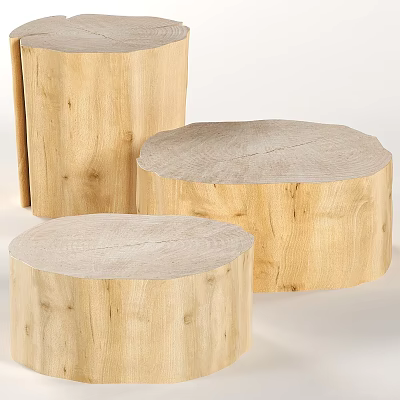 Three Natural Wooden Tree Stump Stools With Smooth Surface And Light Wood Tone 3d model